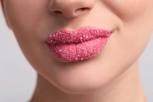 Young Woman Beautiful Lips Covered Sugar Light Background Closeup — Stock Photo, Image