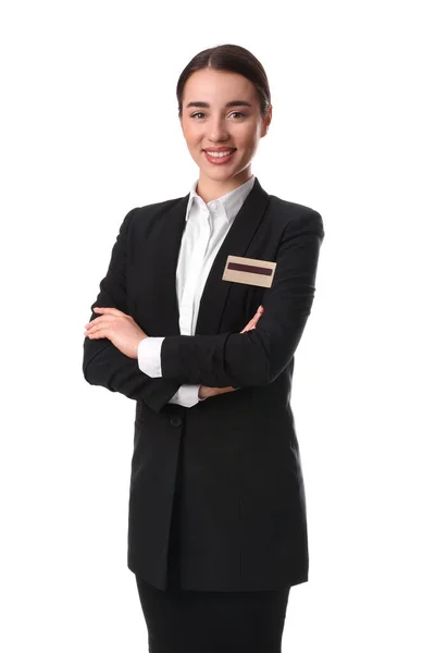 Retrato Jovem Recepcionista Feliz Uniforme Sobre Fundo Branco — Fotografia de Stock