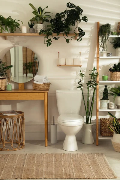 トイレのボウルと多くの美しい植物とスタイリッシュなバスルームのインテリア — ストック写真