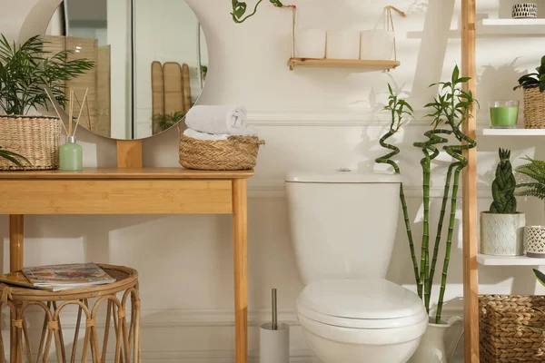 Stilvolles Badezimmerinterieur Mit Toilettenschüssel Und Vielen Schönen Zimmerpflanzen — Stockfoto