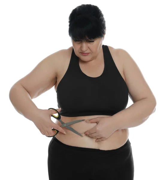 Παχύσαρκη Γυναίκα Ψαλίδι Λευκό Φόντο Χειρουργική Απώλεια Βάρους — Φωτογραφία Αρχείου
