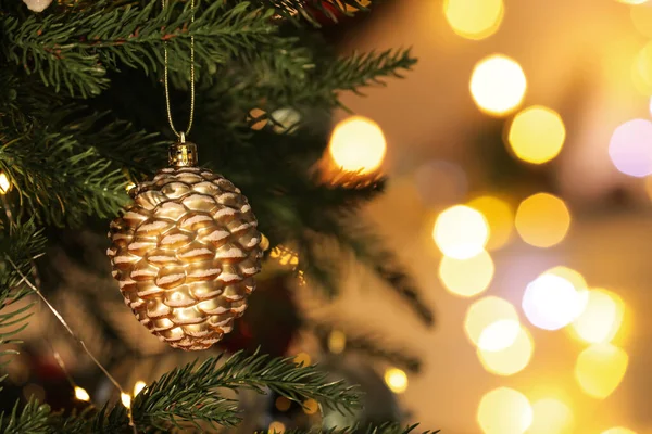 Beautiful Shiny Holiday Bauble Hanging Christmas Tree Blurred Fairy Lights — Stock Photo, Image