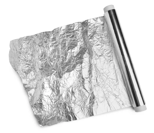 Rolka Folii Aluminiowej Izolowana Białym Górnym Widoku — Zdjęcie stockowe
