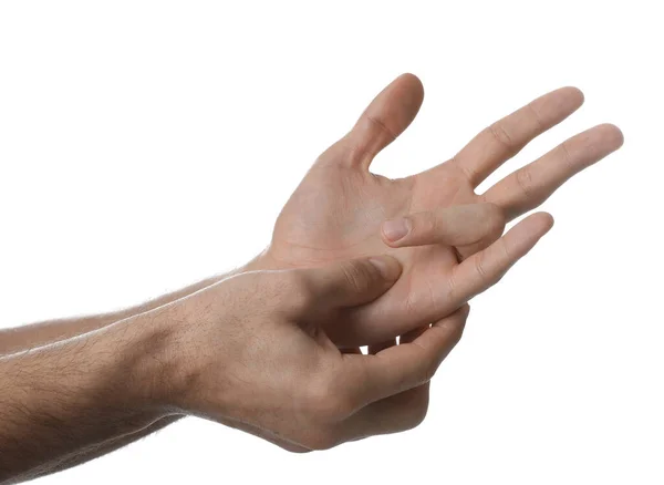 Άνδρας Σκανδάλη Κατάσταση Δάχτυλο Λευκό Φόντο Closeup — Φωτογραφία Αρχείου