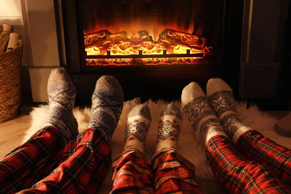 Family Warm Socks Resting Fireplace Home Closeup Legs — Stock Photo, Image