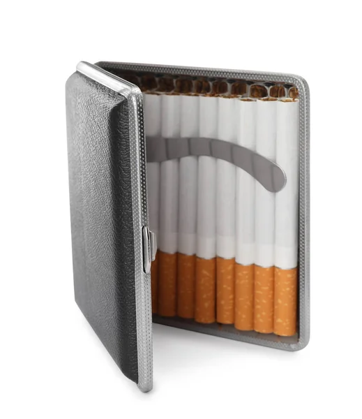 Stijlvolle Koffer Met Sigaretten Geïsoleerd Wit — Stockfoto