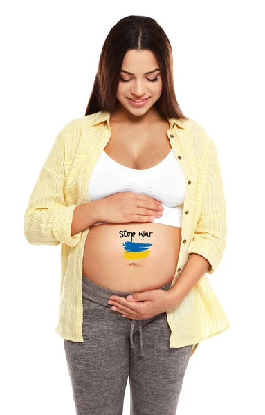 Pregnant Woman Ukrainian Flag Painted Her Belly White Background Stop — Stock Photo, Image