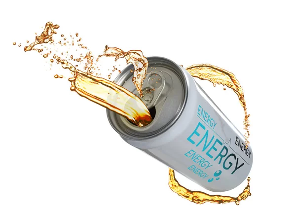 Blikje Energy Drink Met Spetters Witte Achtergrond — Stockfoto