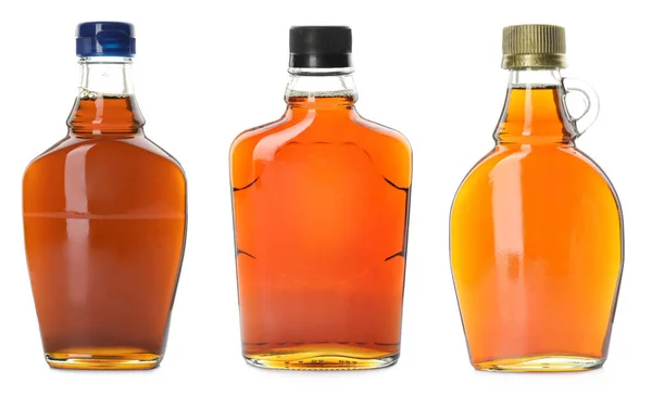 Set Bottles Tasty Maple Syrup White Background — Stock Photo, Image