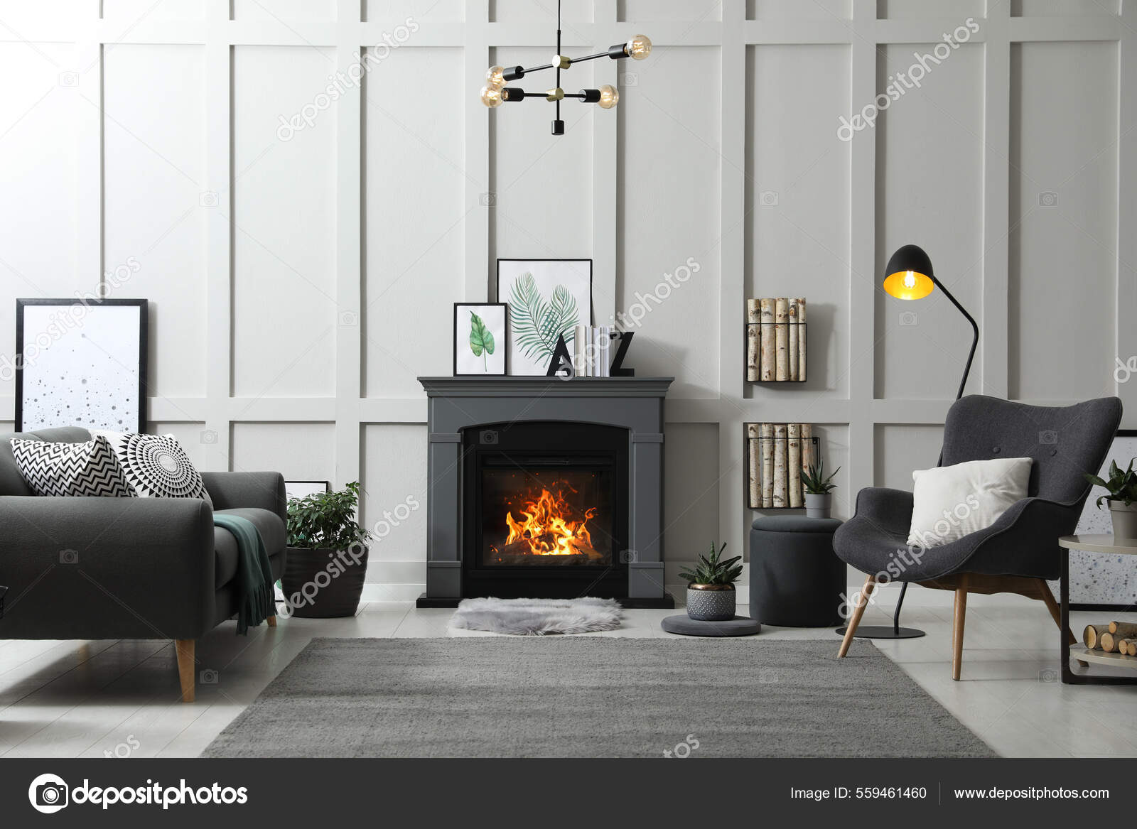 Elegante Salón Interior Con Chimenea Eléctrica Muebles Cómodos: fotografía  de stock © NewAfrica #559461460