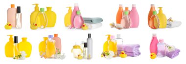 Beyaz arka planda bebek yağı, diğer kozmetik ürünler ve aksesuarlarla dolu. Pankart tasarımı