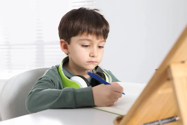 Cute Little Boy Modern Tablet Studying Online Home Learning — Stock Photo, Image