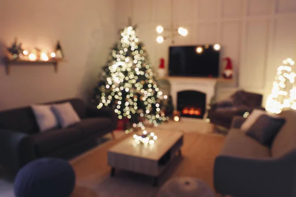 Blurred View Room Beautiful Christmas Tree Fireplace — Stock Photo, Image