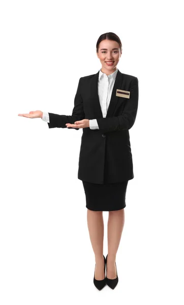 Full Length Portret Van Gelukkige Jonge Receptioniste Uniform Witte Achtergrond — Stockfoto