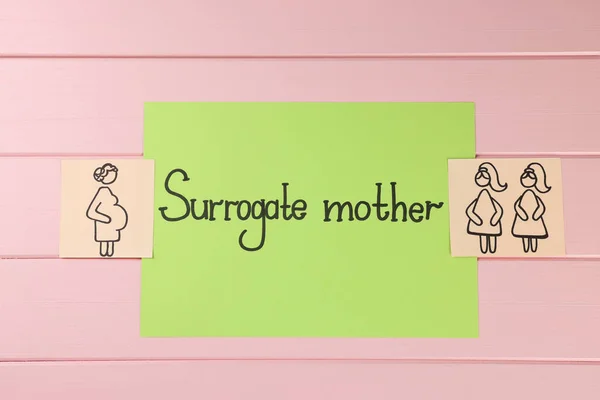 Dibujos Mujer Embarazada Pareja Lesbianas Cerca Papel Con Frase Madre —  Fotos de Stock