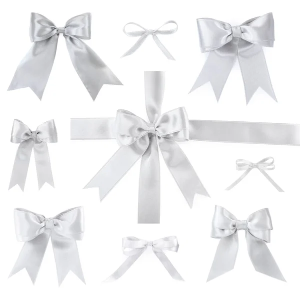 Set Beautiful Silver Ribbons Tied Bows White Background — Stock Photo, Image