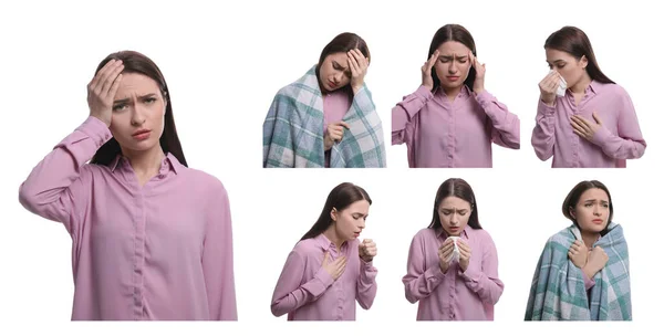 Collage Mit Fotos Von Frauen Mit Erkältungssymptomen Auf Weißem Hintergrund — Stockfoto