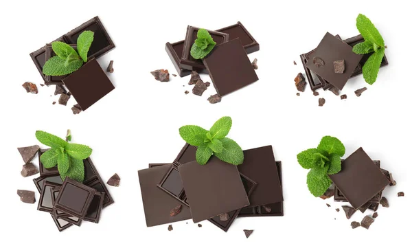 Set Con Sabroso Chocolate Negro Menta Sobre Fondo Blanco Vista — Foto de Stock