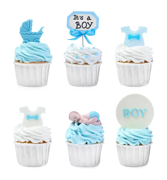 Cupcakes Chá Bebê Lindamente Decorados Para Menino Fundo Branco Colagem — Fotografia de Stock