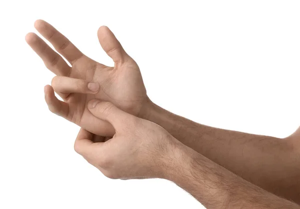 Man Trigger Finger Condition White Background Closeup — Stock Photo, Image