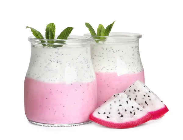 Delizioso Frullato Pitahaya Con Menta Frutta Fresca Sfondo Bianco — Foto Stock