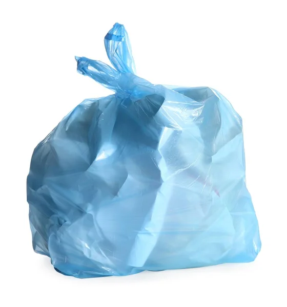 Beyazda Izole Edilmiş Çöplerle Dolu Mavi Çöp Torbası — Stok fotoğraf