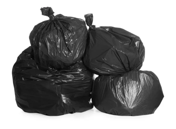 Černá Koše Tašky Plné Odpadků Bílém Pozadí — Stock fotografie