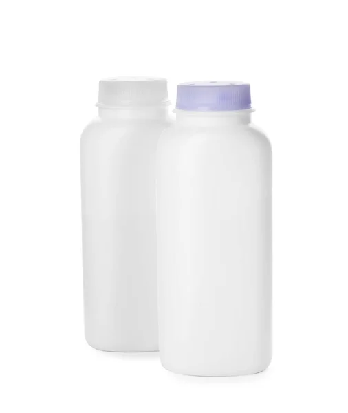 Бутылки Пылевого Порошка Белом Фоне Пространство Дизайна Детский Косметический Продукт — стоковое фото