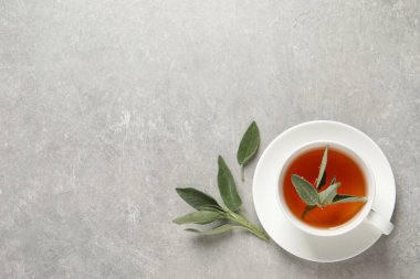 Bir fincan aromatik adaçayı ve gri masada taze yapraklar. Metin için boşluk