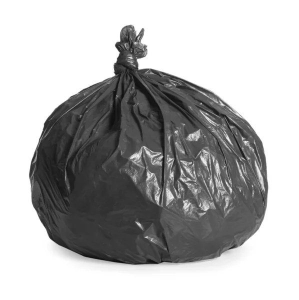Schwarzer Müllsack Voller Müll Isoliert Auf Weißem Grund — Stockfoto