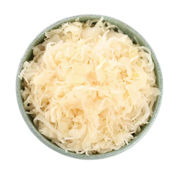 Bowl Tasty Sauerkraut White Background Top View — Stock Photo, Image