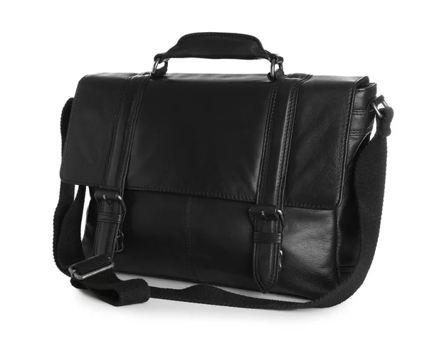 Stylish Black Leather Briefcase Isolated White — Stock Photo, Image