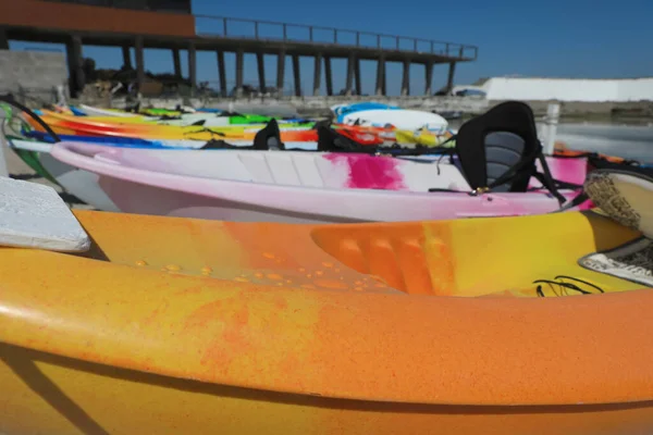 Many Colorful Kayaks Sea Closeup View — Stock Photo, Image