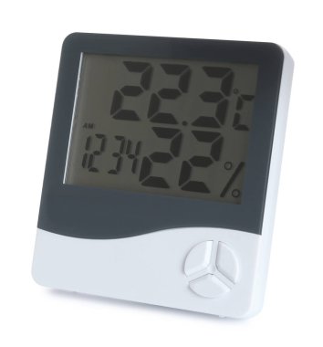 Beyaza izole edilmiş dijital higrometre. Meteorolojik araç