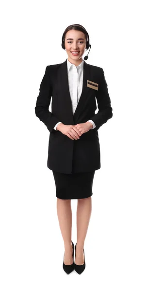 Full Length Portret Van Receptioniste Met Headset Witte Achtergrond — Stockfoto