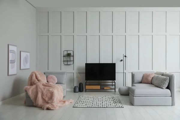 Televisor Moderno Sofá Modular Sala Estar Diseño Interiores — Foto de Stock