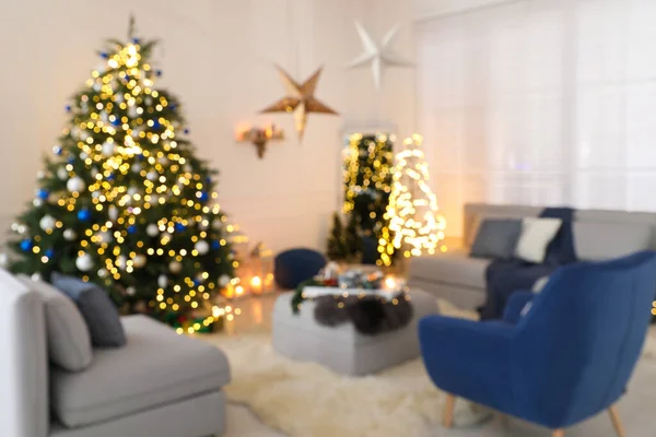 Vue Floue Chambre Joliment Décorée Avec Sapin Noël Mobilier — Photo