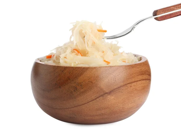 Fork Tasty Sauerkraut Bowl White Background — Stock Photo, Image