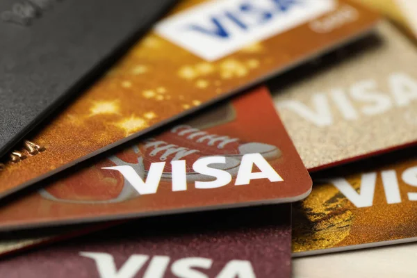 Mykolaiv Ukraine February 2022 Bank Cards Visa Pay System Closeup — 스톡 사진