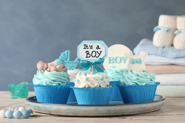 Cupcakes Ducha Bebé Bellamente Decorados Para Niño Con Crema Una —  Fotos de Stock