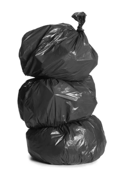 Schwarze Müllsäcke Voller Müll Auf Weißem Hintergrund — Stockfoto