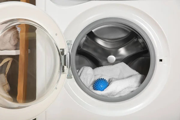 Blue Dryer Ball Towel Washing Machine Drum — Stock Photo, Image