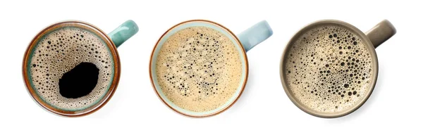 Set Tassen Mit Aromatischem Heißen Kaffee Auf Weißem Hintergrund Ansicht — Stockfoto