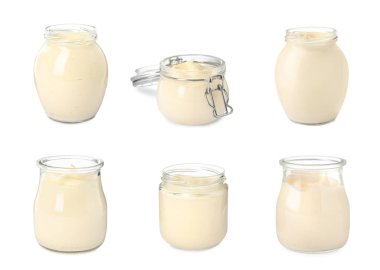 Beyaz arkaplanda lezzetli mayonez ile ayarlandı