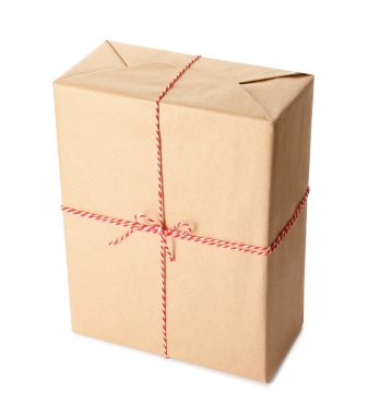 Kraft kağıdına sarılı bir hediye kutusu ve beyaz yay.