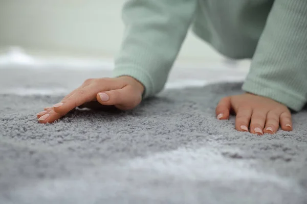 Woman Touching Soft Grey Carpet Indoors Closeup — Stock Photo, Image