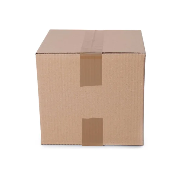 One Closed Cardboard Box Isolated White — Stock Photo, Image