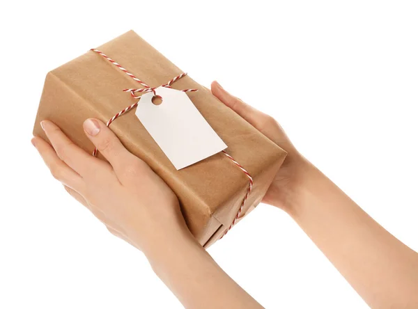 Woman Holding Parcel Wrapped Kraft Paper Tag White Background Closeup — Stock Photo, Image