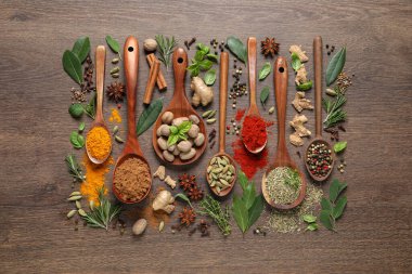 Farklı otlar ve baharatlar. Tahta masa üzerinde kaşıklar, düz uzanmış.