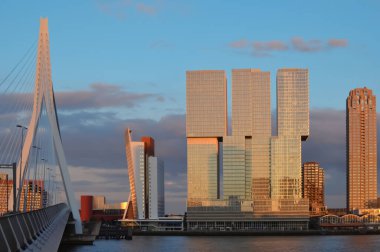 ROTTERDAM, NETHERLANDS - 16 Haziran 2019: ünlü De Rotterdam binası ile güzel şehir manzarası